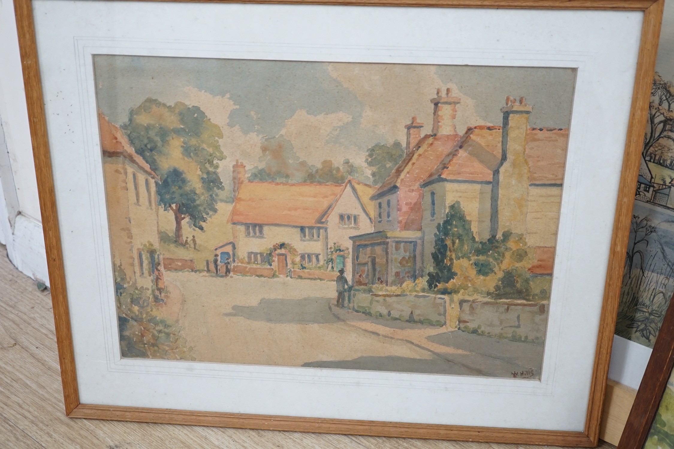 Three assorted watercolours of Glynde and a colour print, largest 40 x 49cm
